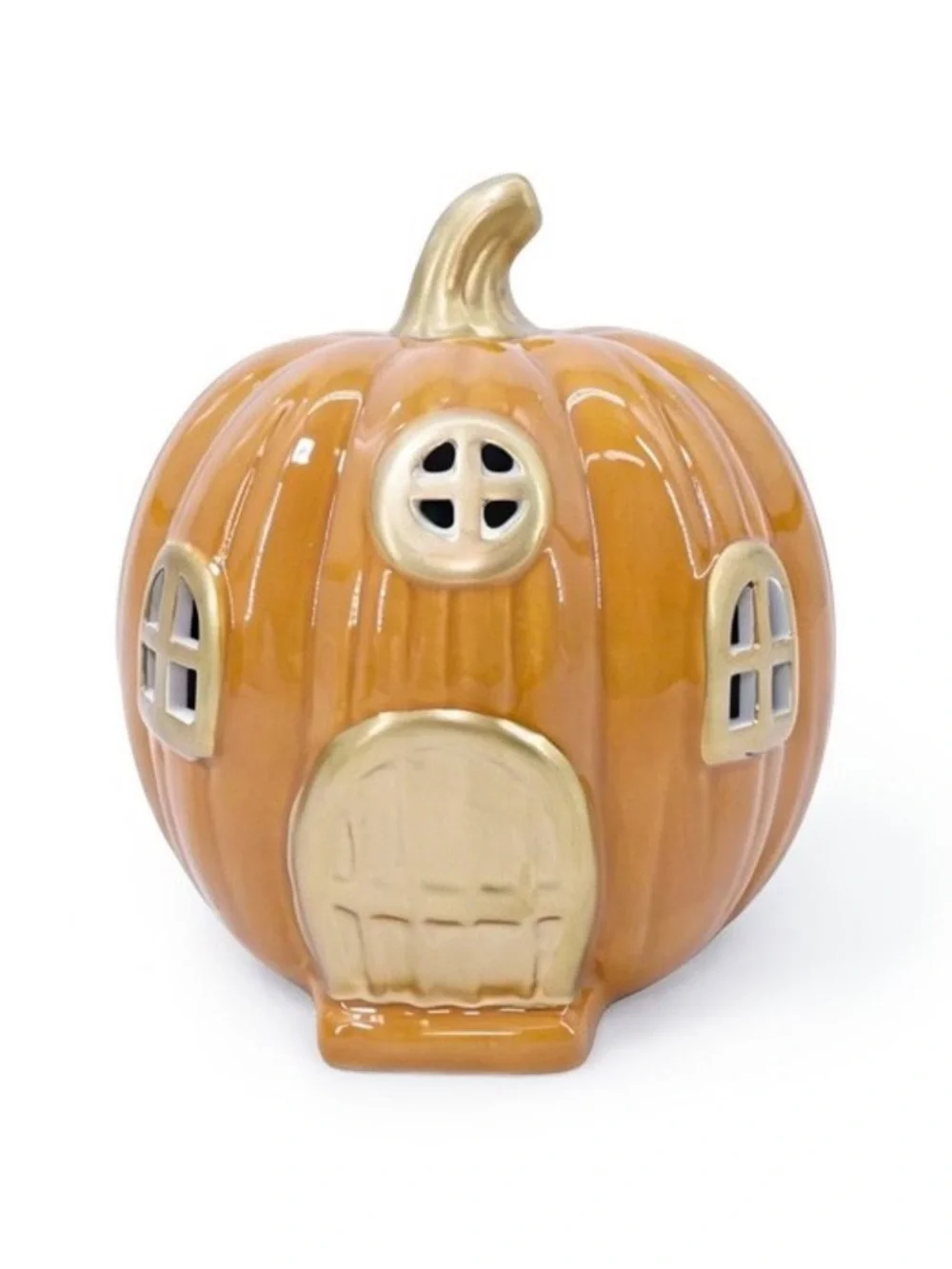 Ceramic Pumpkin LED House in Orange and Gold Fall - Bullseye's Playground